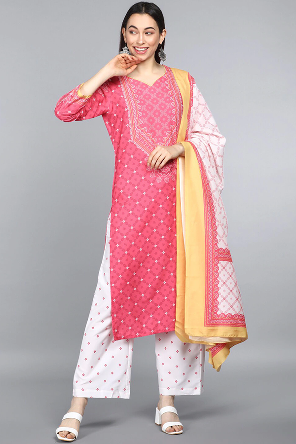 Pink Polyester Ethnic Motifs Straight Suit Set | WomensfashionFun.com