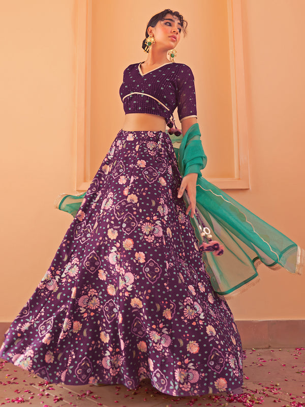 Women Purple Georgette Digital Floral Printed Lehenga Choli With Dupatta | WomensFashionFun