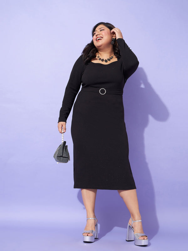 Women Black Glitter Side Slit Belted Midi Dress | WomensFashionFun