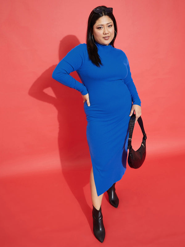 Women Royal Blue Rib Side Slit Bodycon Midi Dress | WomensFashionFun