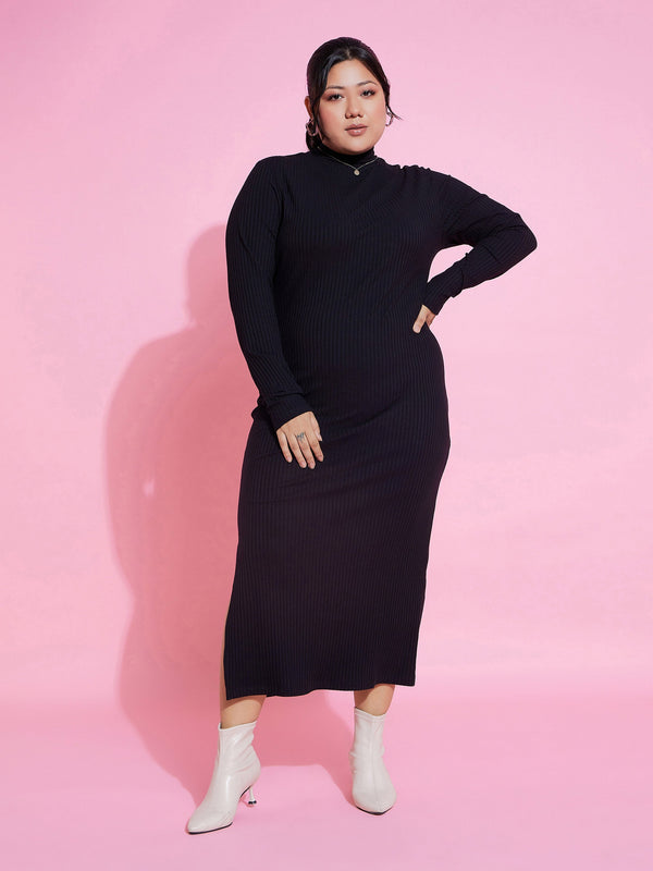 Women Black Rib Side Slit Bodycon Midi Dress | WomensFashionFun