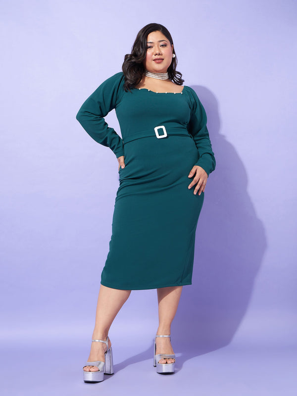 Women Emerald Solid Square Neck Bodycon Dress | WomensfashionFun.com
