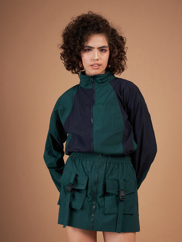 Women Green ColourBlock Parachute Zipper Jacket | WomensFashionFun