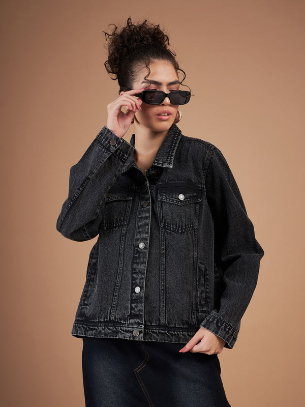 Women Black Washed Denim Regular Jacket | WomensFashionFun