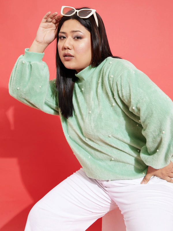 Women Green Fleece Fur Pearl Detail Sweatshirt | WomensFashionFun