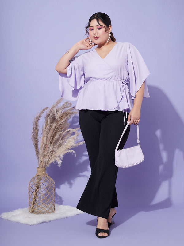 Women Lavender Short Frill Sleeves Wrap Top | WomensFashionFun.com