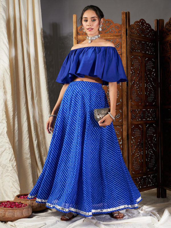 Women Blue Lehariya Off Shoulder Crop Top With Anarkali Skirt | WomensfashionFun.com