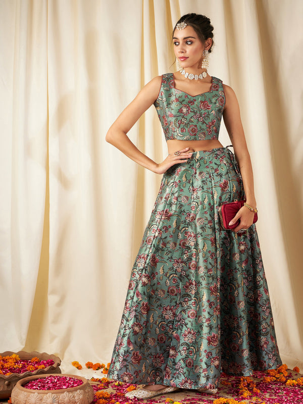 Women Olive Floral Anarkali Skirt With Crop Top | WomensfashionFun.com