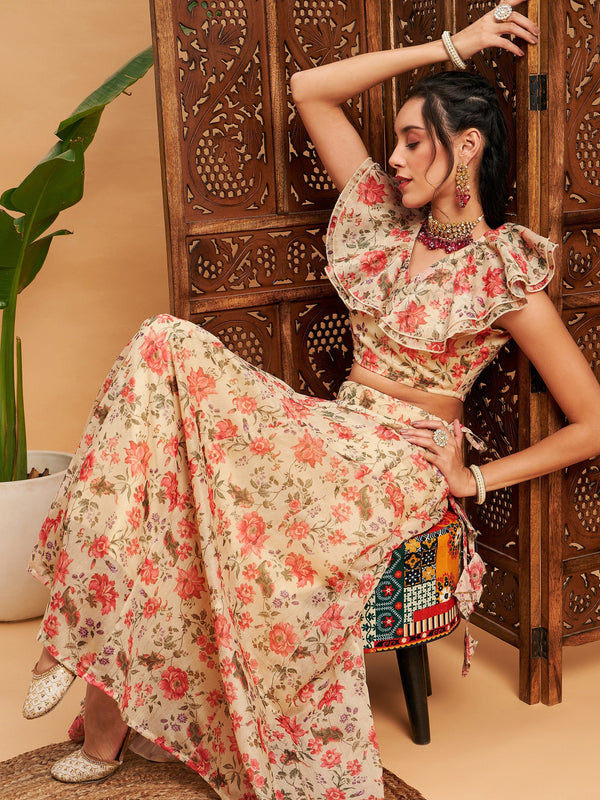 Women Beige Floral Anarkali Skirt With Frill Crop Top | WomensfashionFun.com