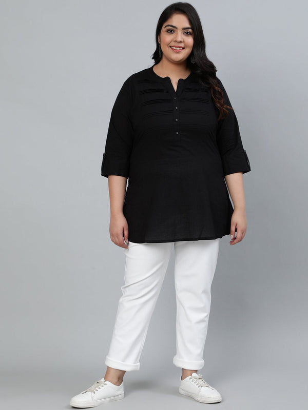 Plus Size Women Black Pleated Tunic WIth Three Quarter Sleeves | womensFashionFun.com