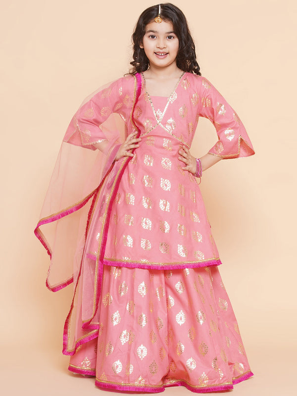 Girls Peach Foil Printed Lace Work Lehenga,Choli With Dupatta. | WomensfashionFun.com