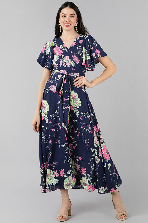 Purple Georgette Floral Printed Flared Maxi Dress  | WomensfashionFun
