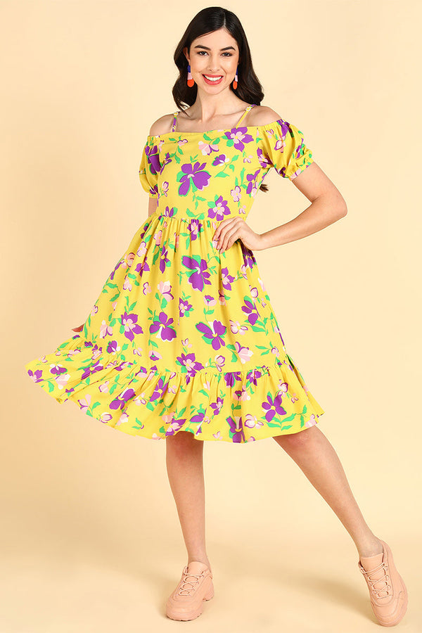 Yellow Georgette Floral Printed Midi Dress | WomensfashionFun.com