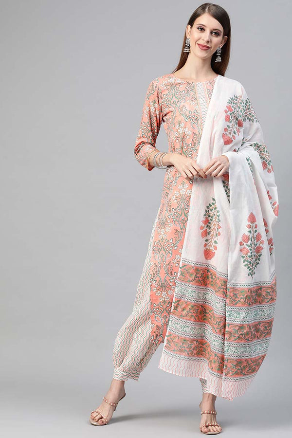 Peach Cotton Ethnic Motifs Printed Straight Suit Set | WomensfashionFun.com