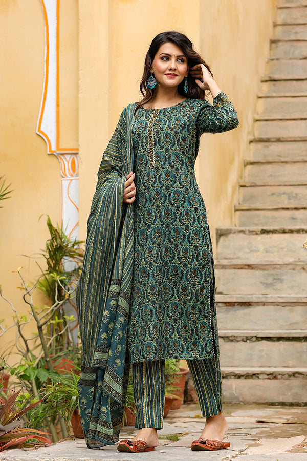 Green Rayon Blend Ethnic Motifs Suit Set | WomensfashionFun.com