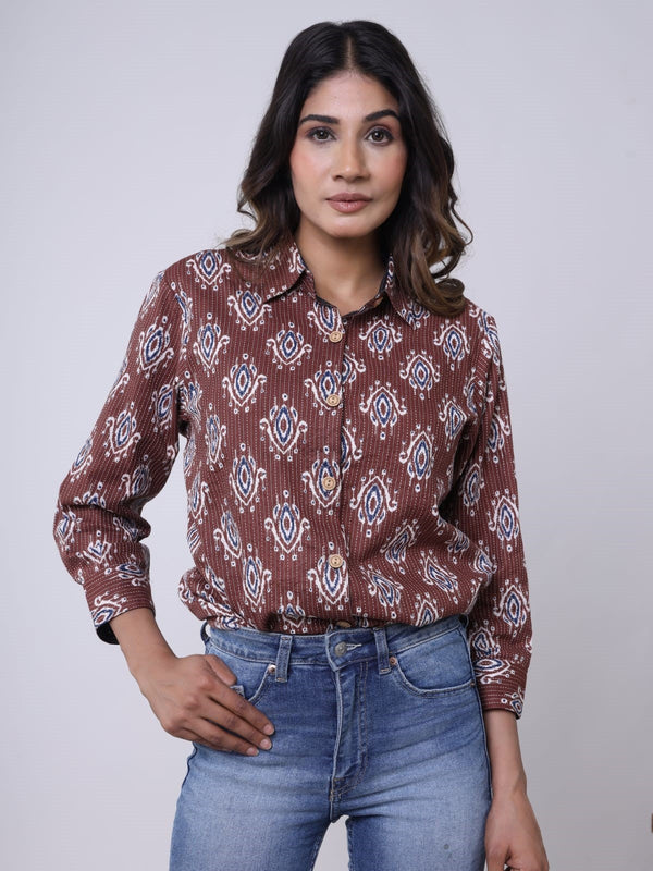 Women Brown Pure Cotton Printed Shirt | womensfashionfun