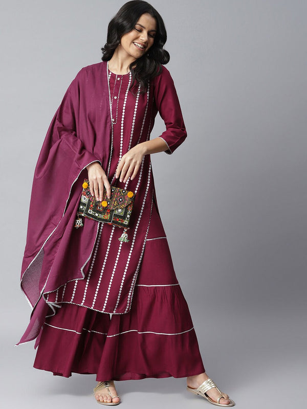 Embellished Rayon Kurta Sharara Dupatta Set (Purple) | NOZ2TOZ - Made In INDIA.