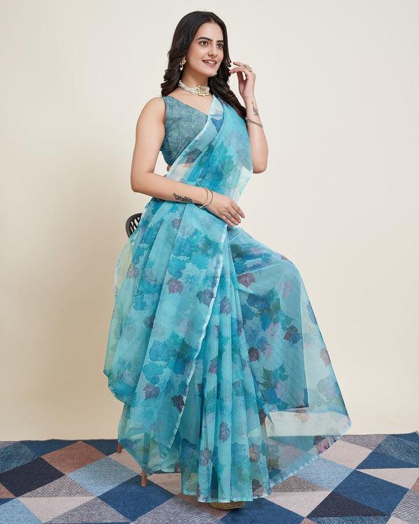 Women Party Wear Flower Printed Net Saree with Un Stitched Blouse | womensfashionfun