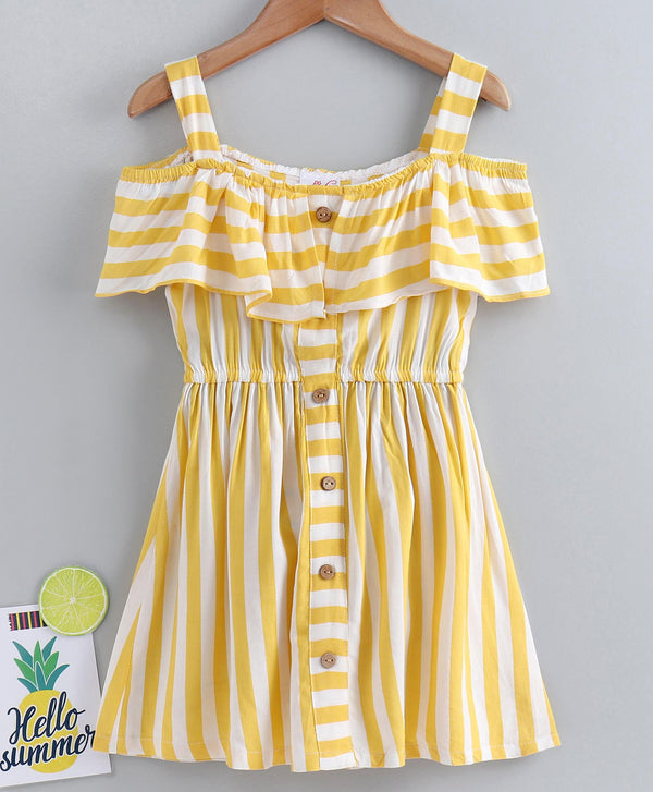 Girls Yellow White Striped A-Line Dress With Layered Detail | WomensFashionFun.com