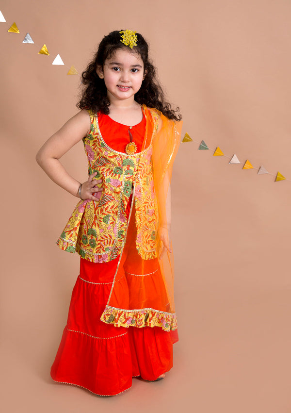 Girls Yellow Floral Printed Pure Cotton Kurti With Sharara With Dupatta | womensfashionfun