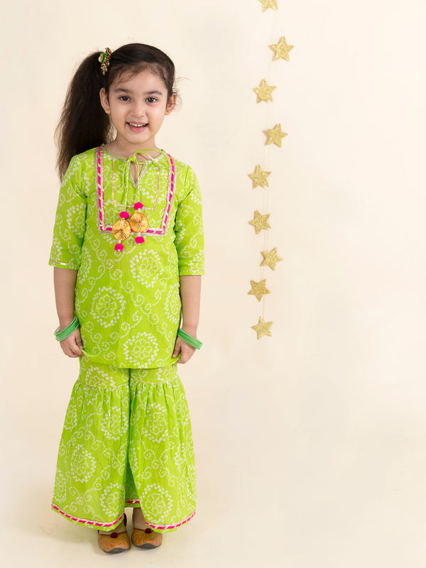 Girls Green Pink Bandhani Embroidered Pure Cotton Kurta With Sharara Dupatta | womensfashionfun