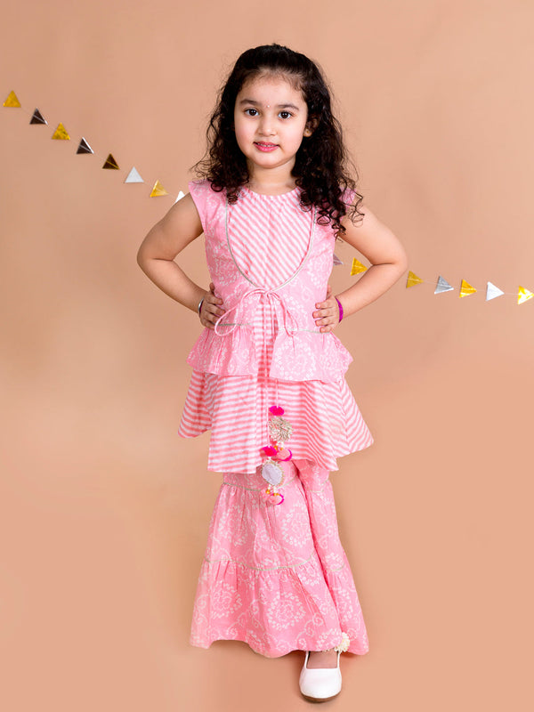Girls Pink Floral Striped Empire Pure Cotton Kurti With Sharara | womensfashionfun