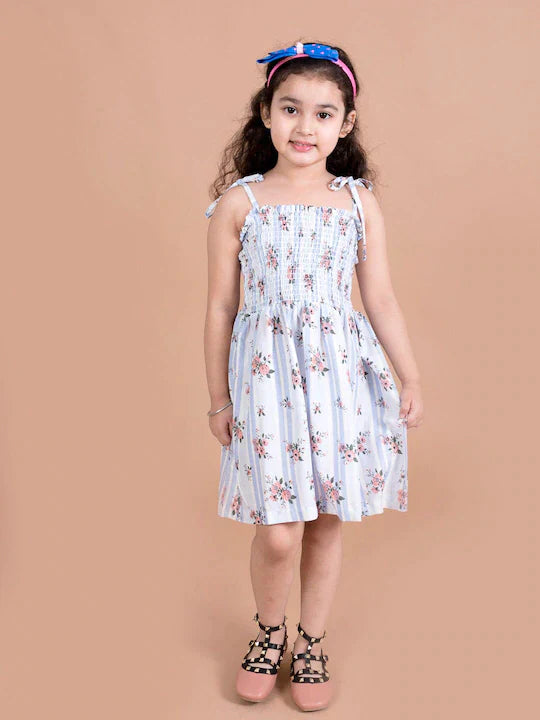 Girls White Floral Smocked Fit Flare Dress | WomensFashionFun.com