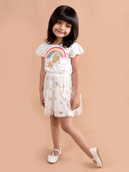 Girls White Unicorn Printed Fit Flare Net Dress | WomensFashionFun.com