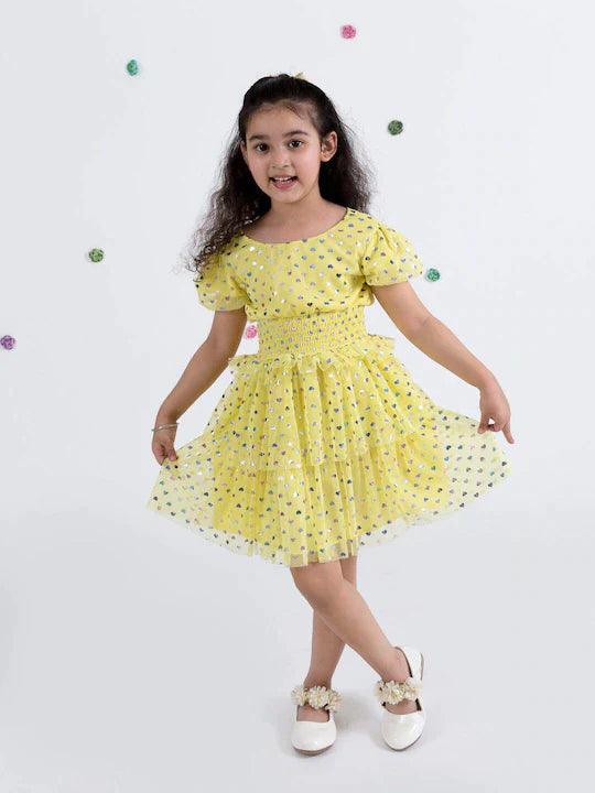 Girls Yellow Floral Net Dress | WomensFashionFun.com