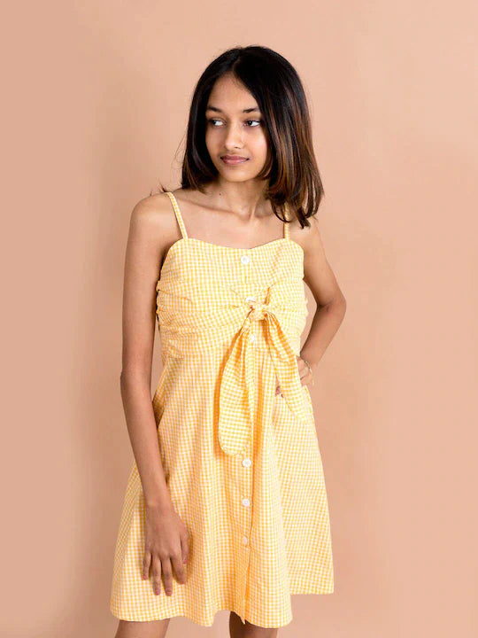 Girls Yellow Checked Cotton Fit Flare Dress | WomensFashionFun.com