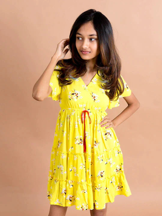 Girls Yellow White Floral Printed Mini Dress | WomensFashionFun.com