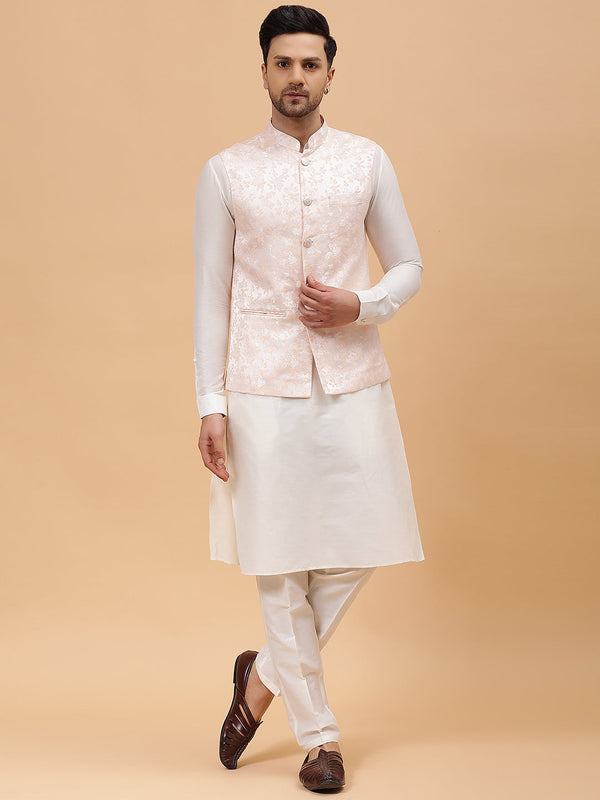 Men Peach Woven Design Jacquard Neharu jacket | WomensFashionFun.com