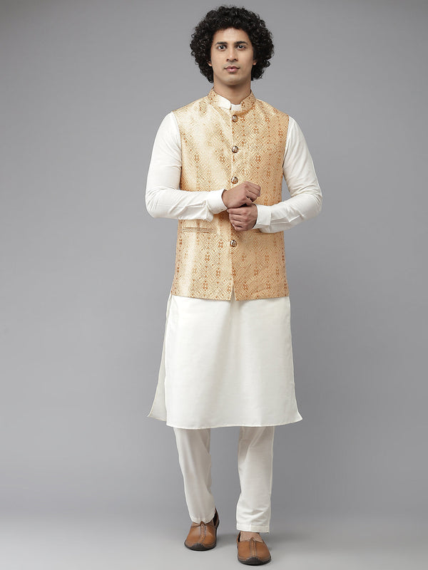 Men Gold & White Woven Jacquard Neharu jacket | WomensFashionFun.com