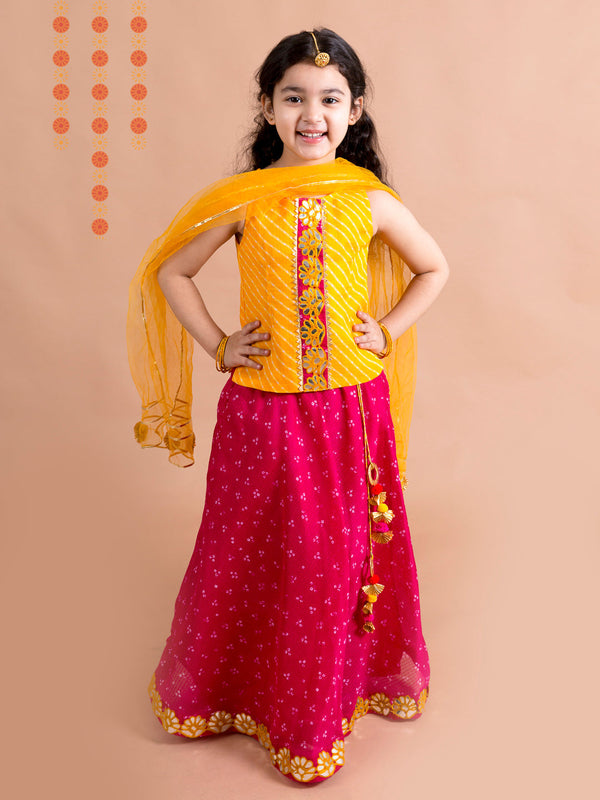 Girls Magenta Yellow Embroidered Ready To Wear Lehenga Blouse With Dupatta | WomensFashionFun.com