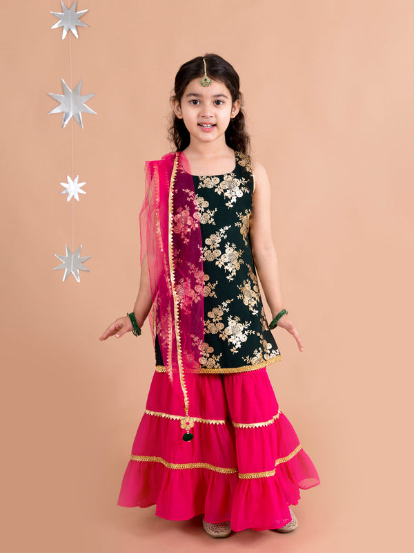Girls Floral Printed Panelled Kurti With Skirt With Dupatta | womensfashionfun