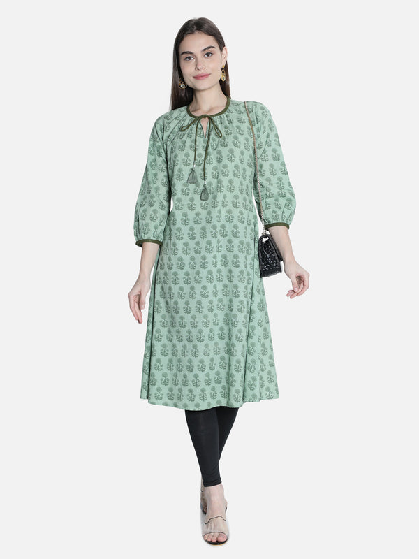 Women Printed Green A Line Dress | WomensFashionFun.com