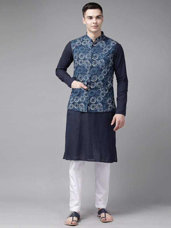 Men Blue & Beige Printed Pure Cotton Kurta Pajama With Neharu jacket | WomensFashionFun.com