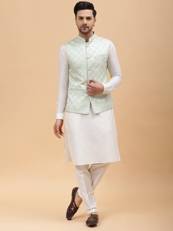 Men Gold & Turquoise Blue Woven Design Jacquard Neharu jacket | womensfashionfun
