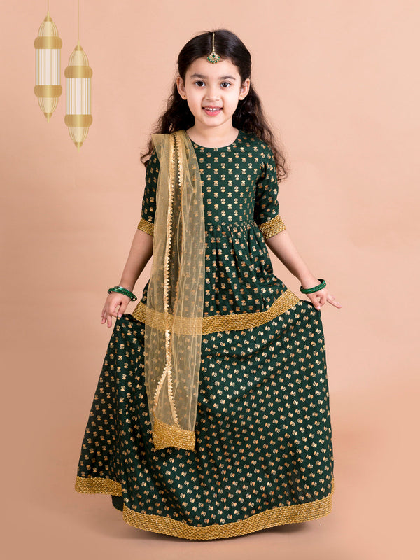 Girls Green Gold-Toned Printed Ready To Wear Lehenga Blouse With Dupatta | WomensFashionFun.com