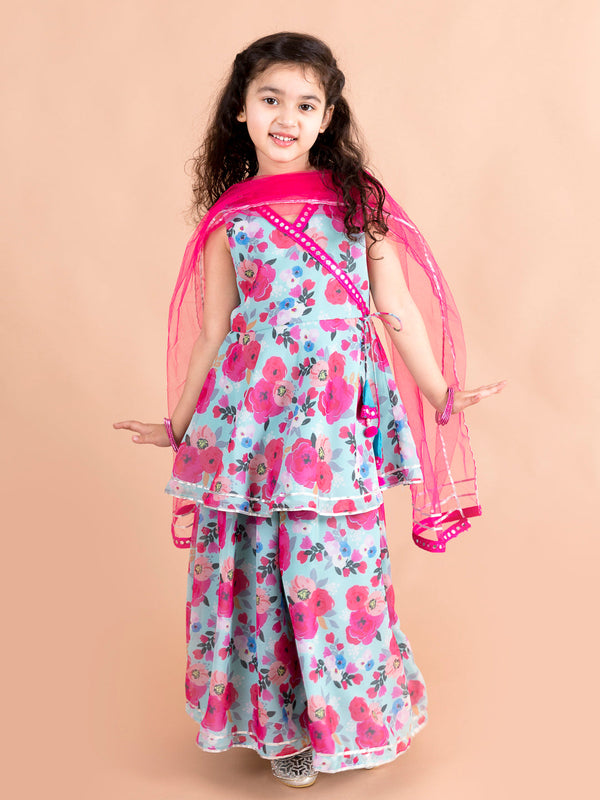 Girls Blue Floral Printed Angrakha Gotta Patti Pure Cotton Kurti With Sharara With Dupatta | womensfashionfun