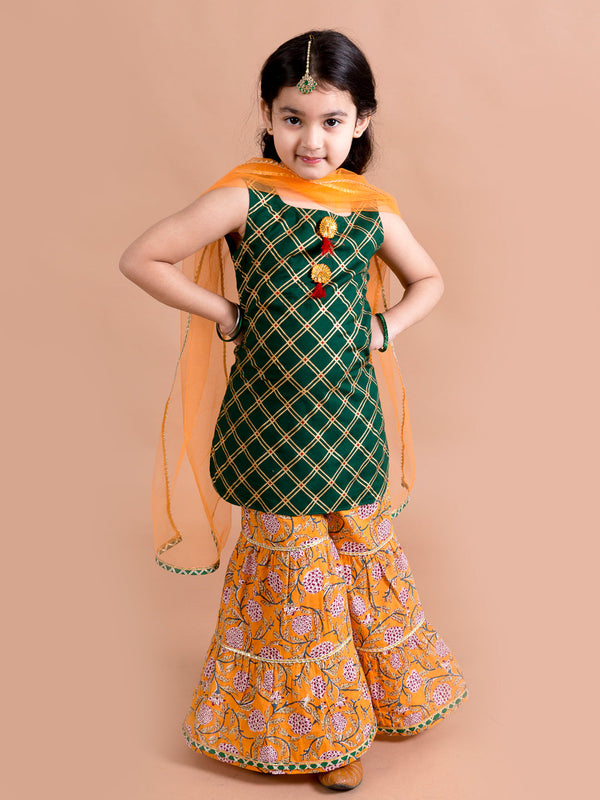 Girls Green Embroidered Pure Cotton Kurta With Sharara With Dupatta | WomensFashionFun.com