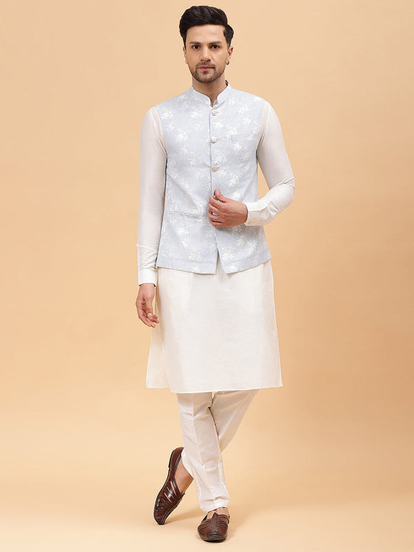 Men Sky Blue & Gold Woven Design Jacquard Neharu jacket | womensfashionfun