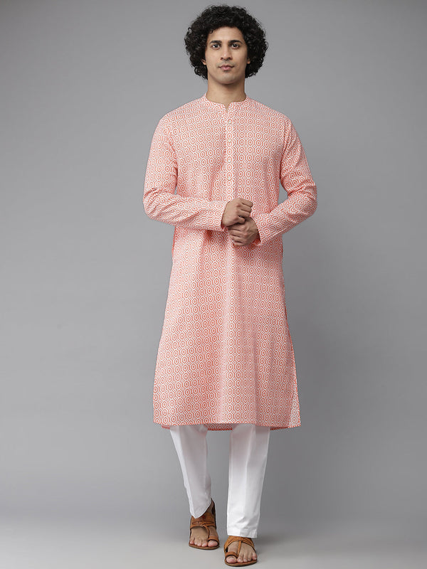 Men Peach-Coloured & White Printed Pure Cotton Straight Kurta | womensfashionfun