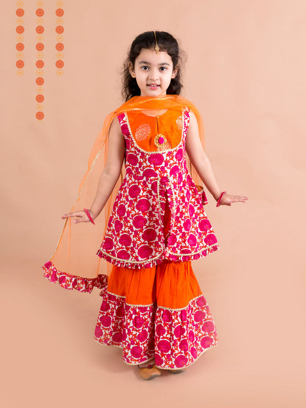 Girls Magenta Orange Printed Angrakha Cotton Kurta Set | womensfashionfun