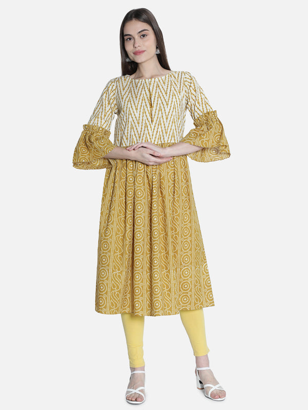 Women Mustard And Off White  Printed Dress | WomensFashionFun.com