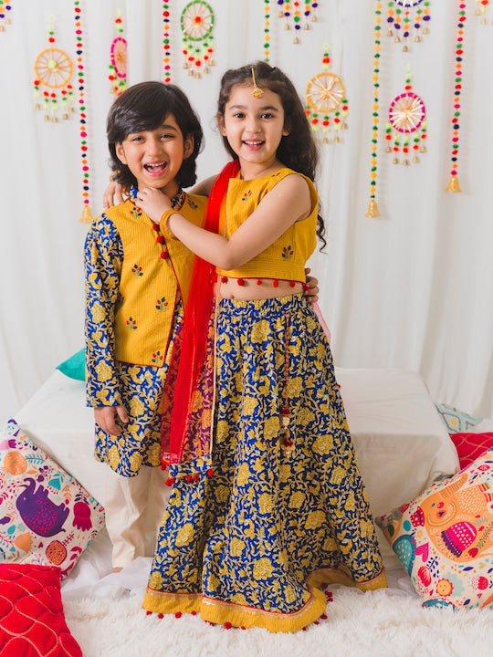 Girls Navy Blue Yellow Cotton Ready To Wear Lehenga Blouse With Dupatta | WomensFashionFun.com
