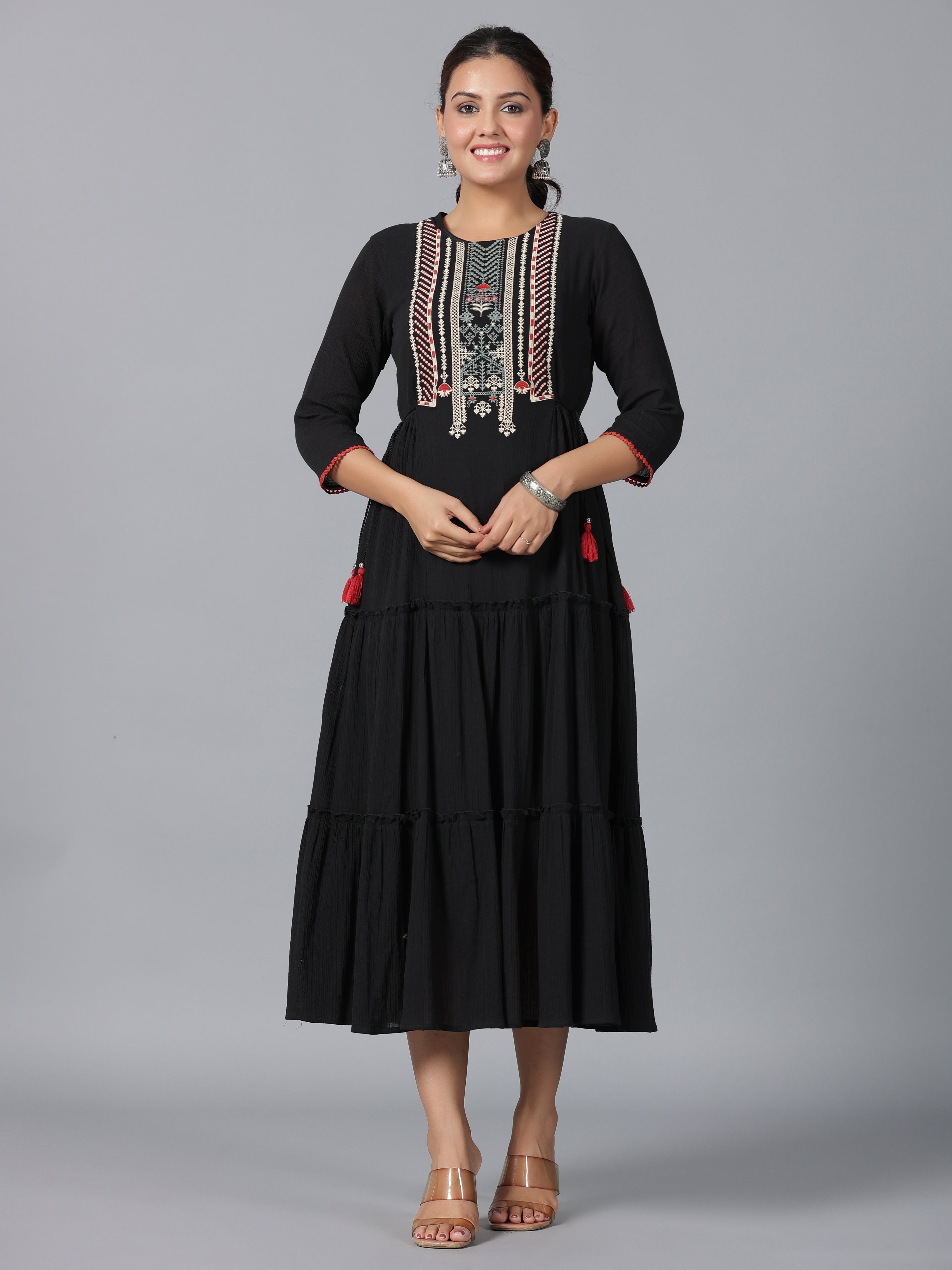 Women Black Cotton Crepe Embroidered Tiered Maxi Dress