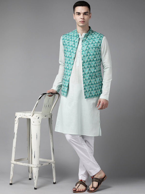 Men Green & Beige Printed Pure Cotton Neharu jacket | womensfashionfun
