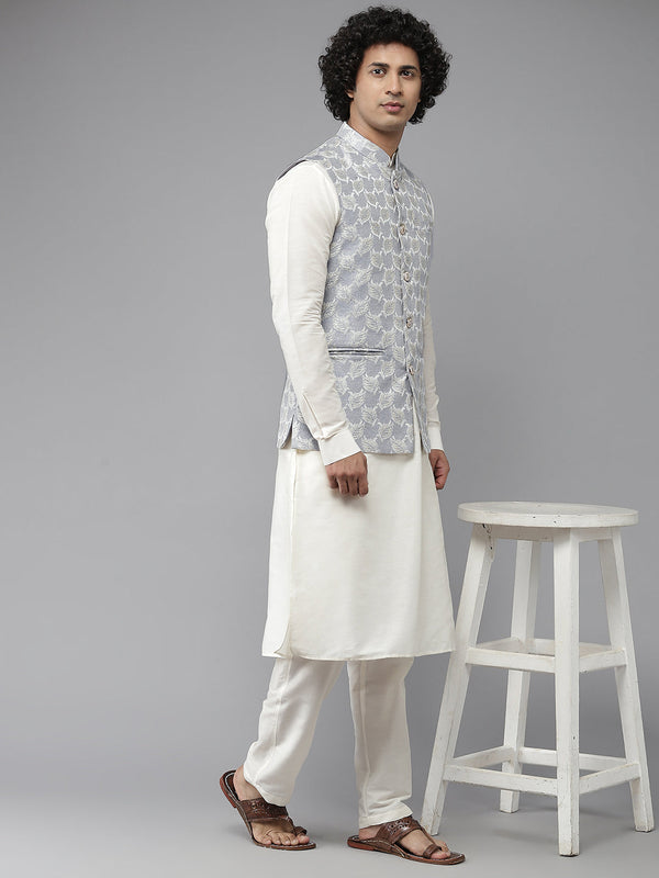 Men Sky Blue & White Woven Jacquard Neharu jacket | WomensFashionFun.com