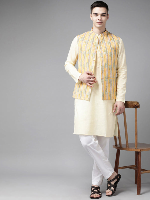 Men Yellow & Beige Printed Pure Cotton Neharu jacket | WomensFashionFun.com